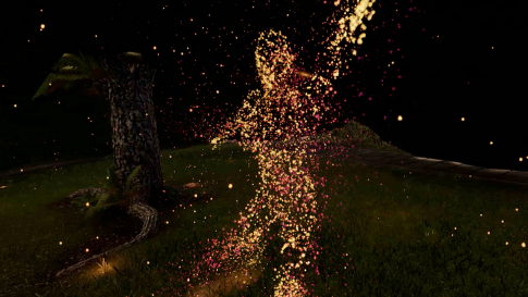 Visitor exploring a luminous dreamscape in VR with dancer silhouettes