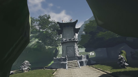 VR visitor exploring a rendered garden pavilion